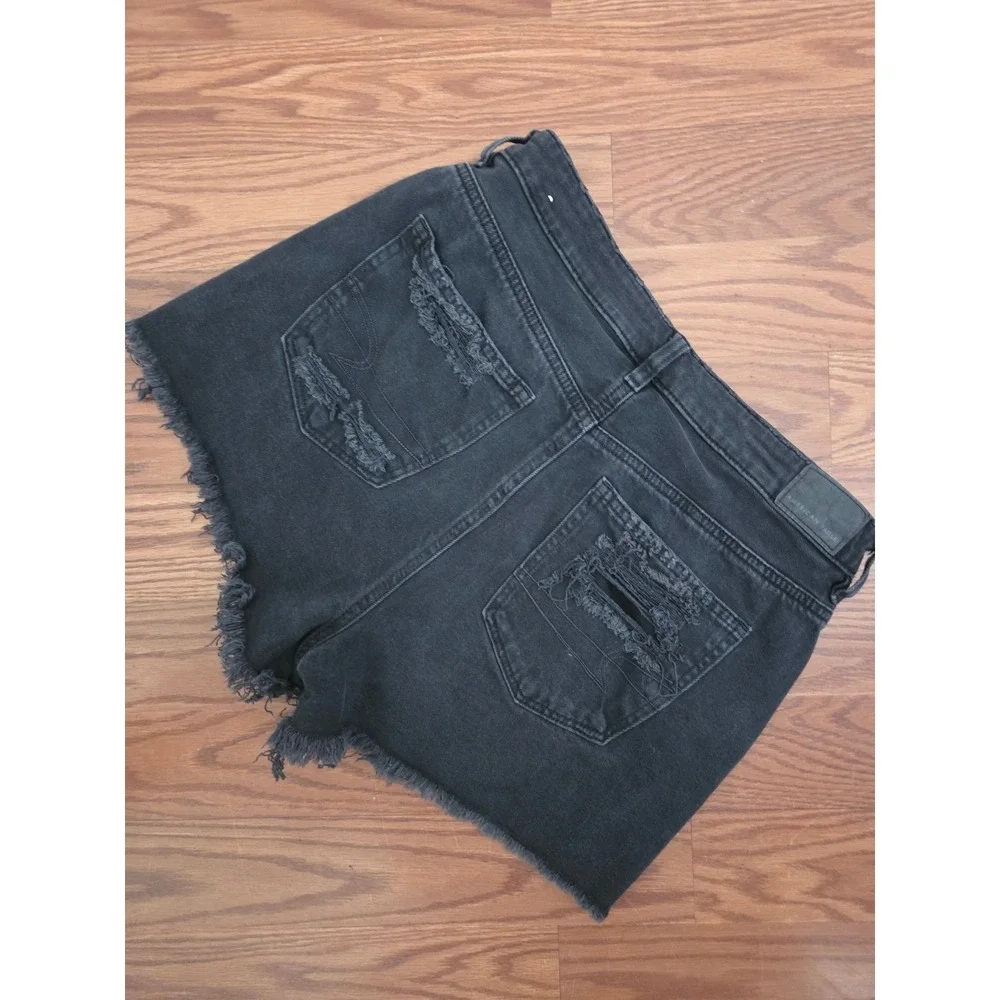 American Eagle Black Distressed Denim Shorts High Waisted Frayed Hem‎ Womens 8